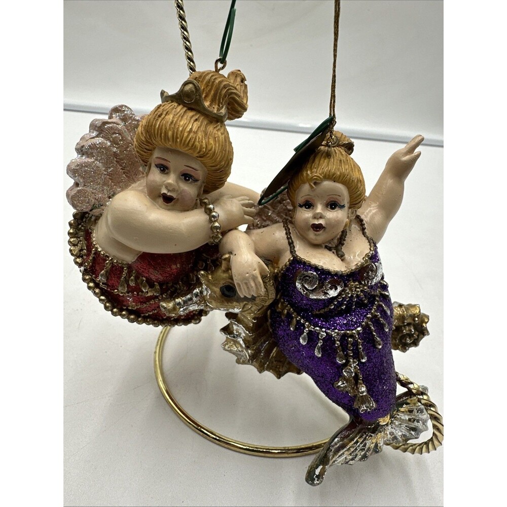 2 Katherine's Collection Chubby Mermaid Ornament Metallic Purple On Seahorse Red